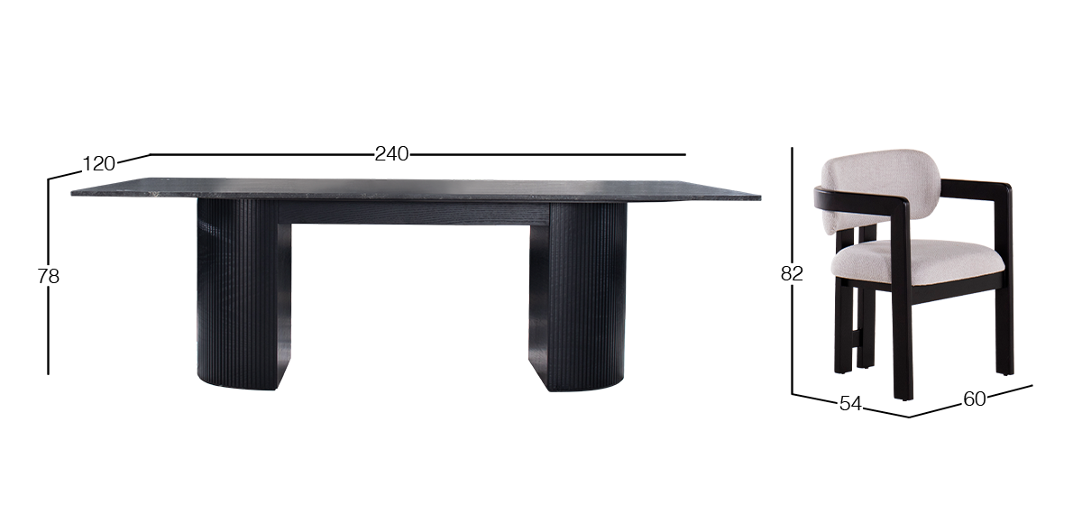 Comedor Rectangular de Granito 240 x 120 cm Astor Negro y 6 Sillas Elisse Dotty