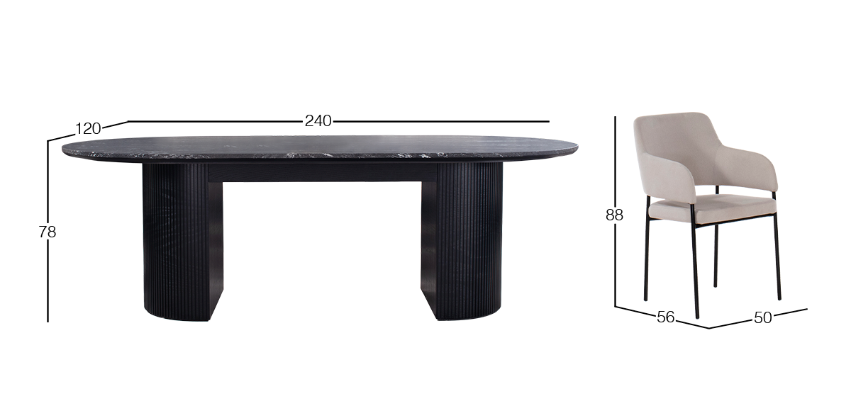 Comedor Ovalado de Granito 240 x 120 cm Astor Negro con 6 Sillas Guiza