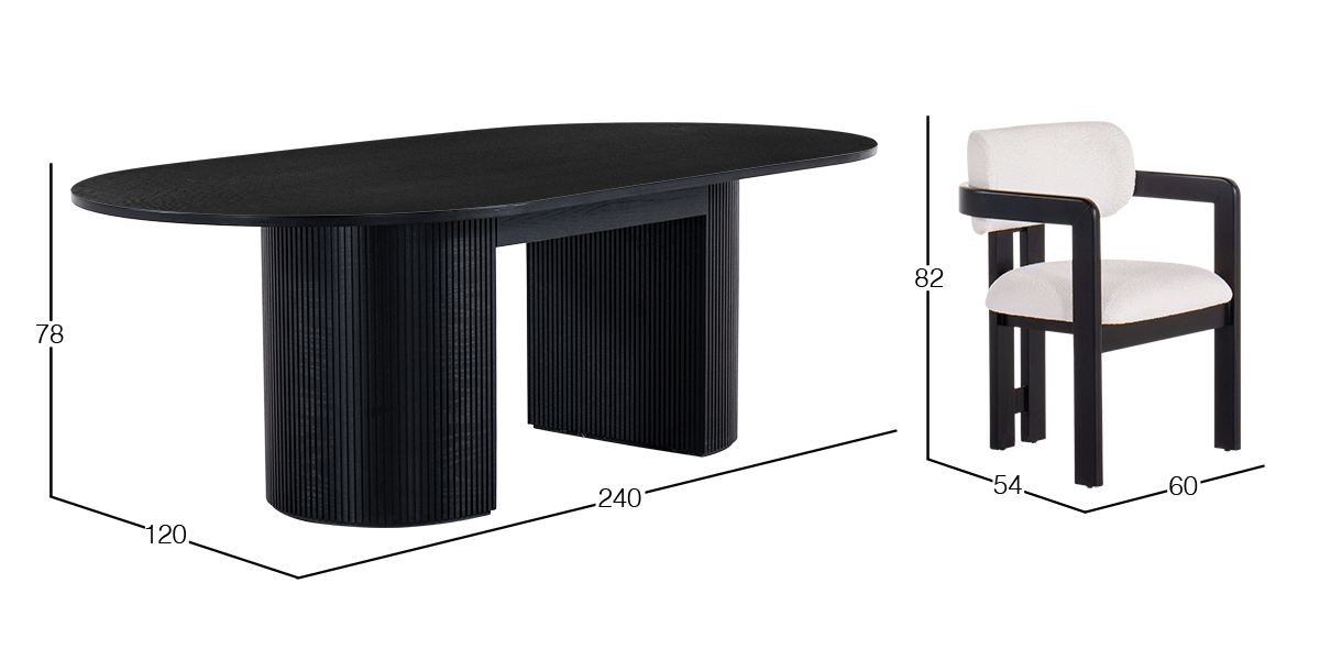 Comedor Ovalado 240 x 120 cm Astor Negro con 8 Sillas Ellisse