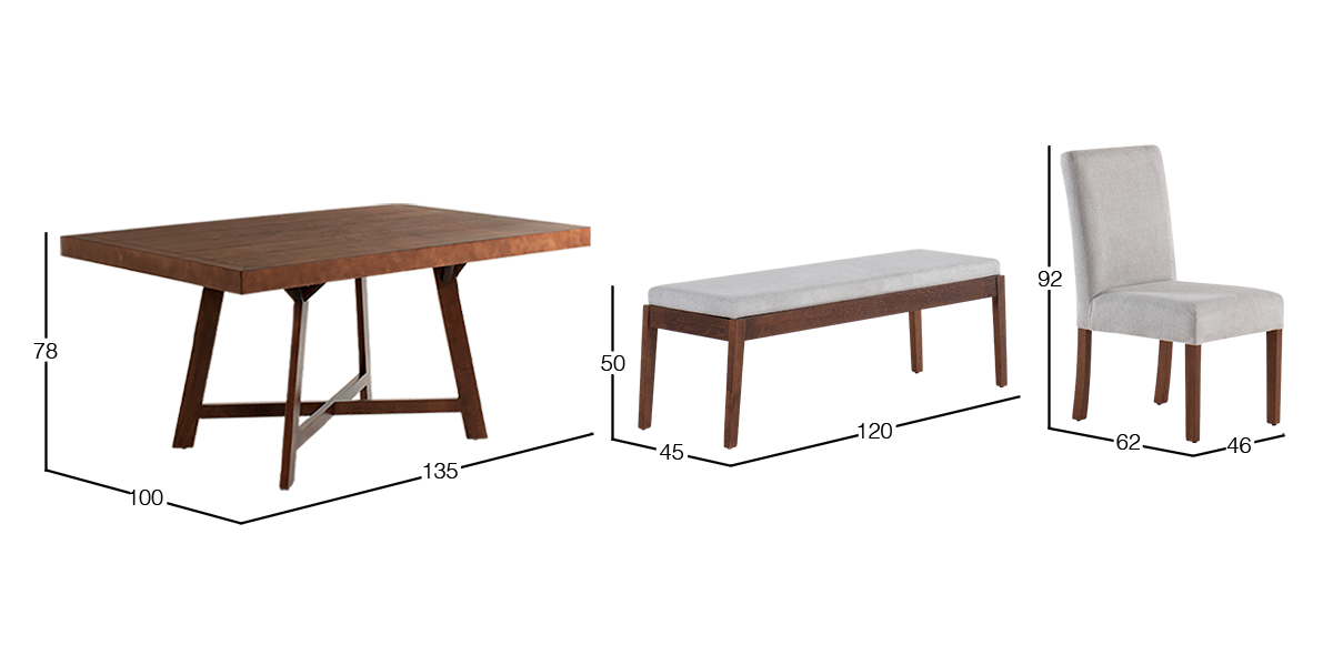 Comedor 135 x 100 cm Granada Nogal 4 Sillas y Banca Gris