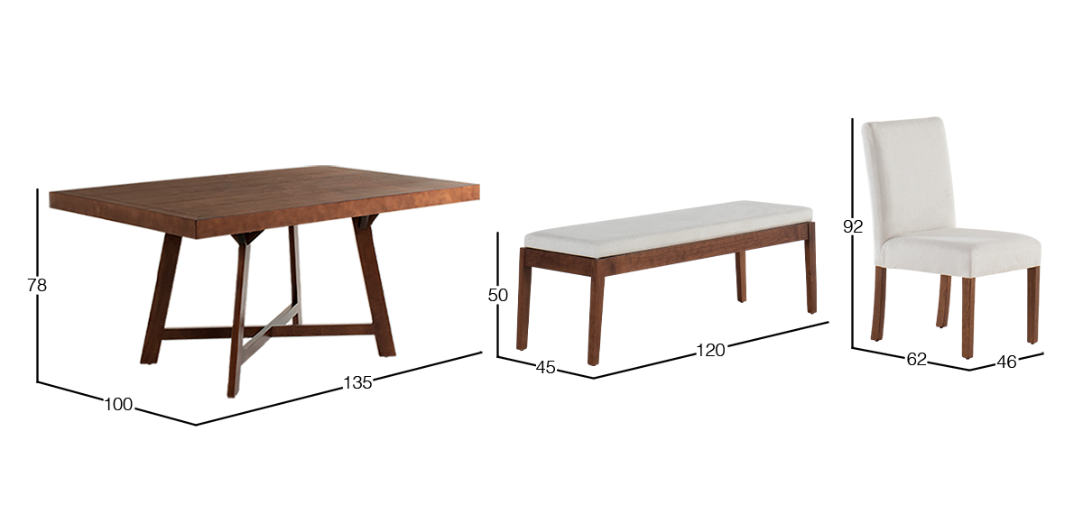 Comedor 135 x 100 cm Granada Nogal 4 Sillas y Banca Beige