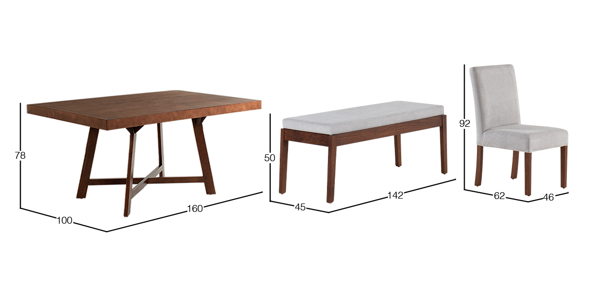 Comedor 160 x 100 cm Granada Nogal 4 Sillas y Banca Gris
