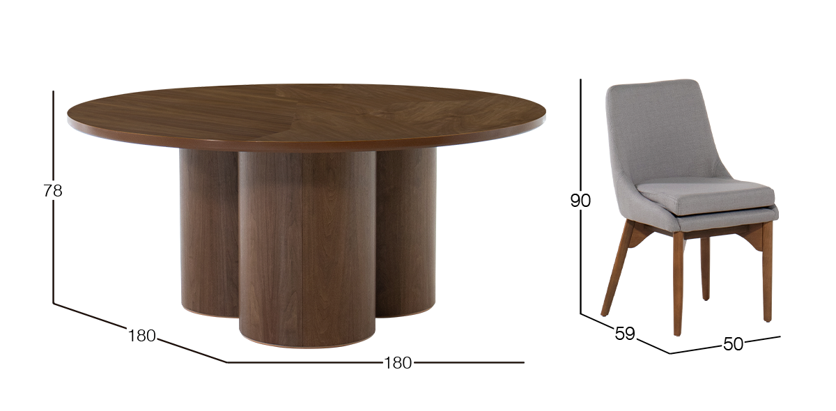 Comedor 180 cm Curvatura con 6 Sillas Allegra Nogal