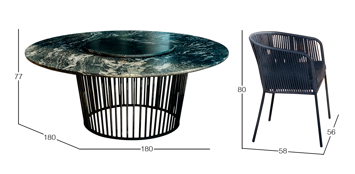 Comedor Redondo de Granito 180 cm Dorato y 6 Sillas Lugano Negro