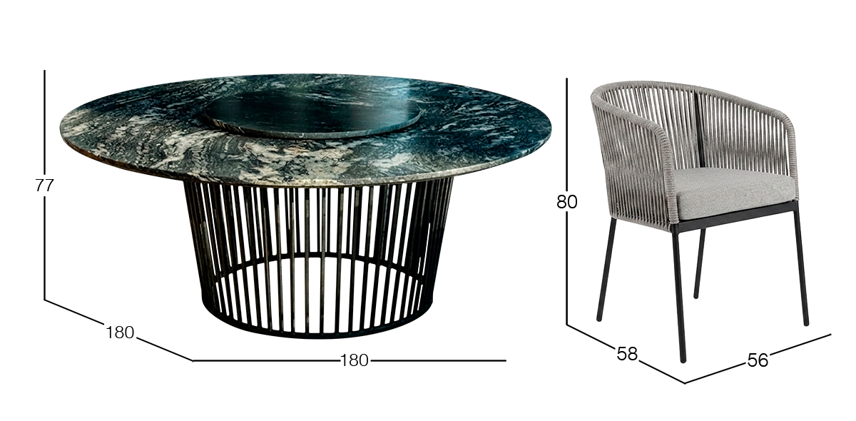 Comedor Redondo de Granito 180 cm Dorato y 6 Sillas Lugano Gris