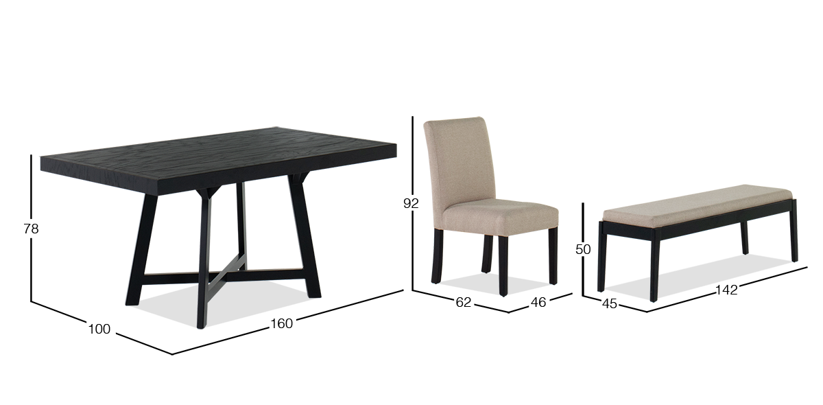 Comedor 160 x 100 cm Negro Granada, 2 Sillas y 2 Bancas Beige
