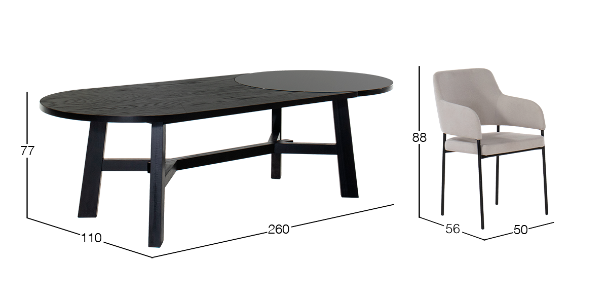 Comedor Granate 260 x 110 cm con 4 Sillas Guiza
