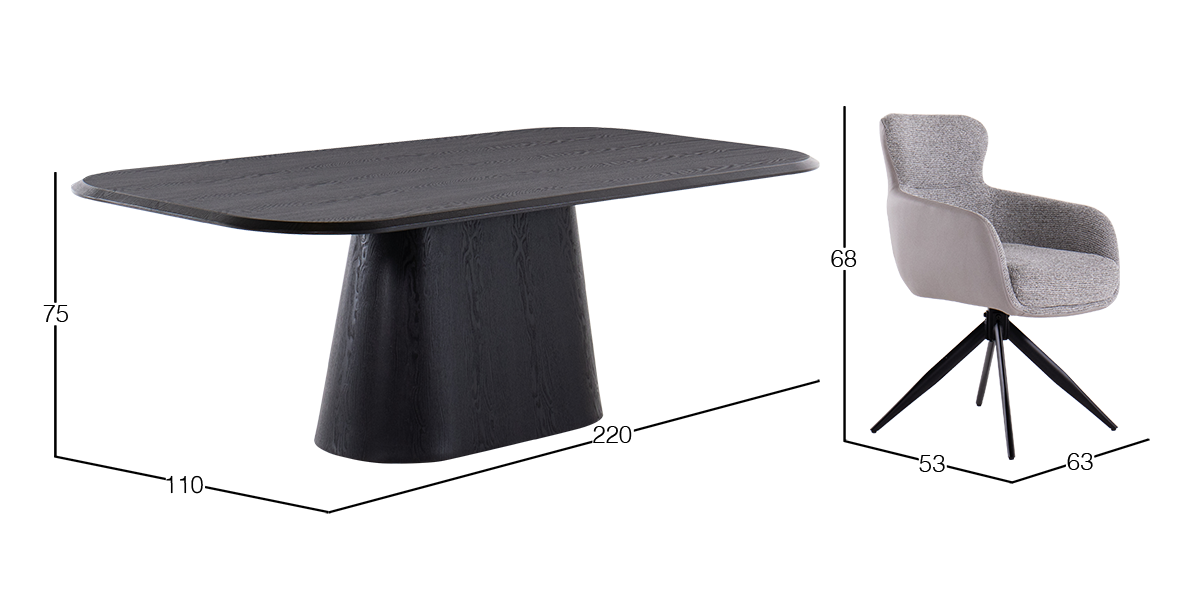 Comedor 220 x 110 cm Jillian Negro con 6 Sillas Gris