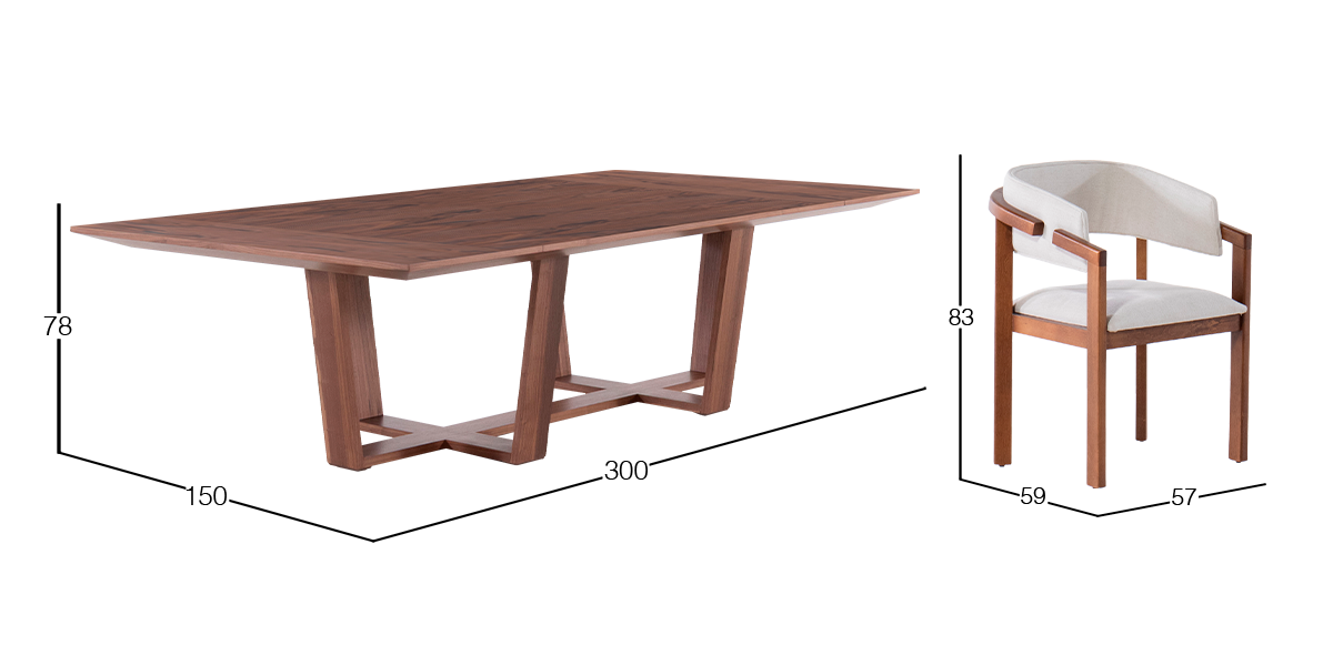 Comedor 300 x 150 cm Loredana con 6 Sillas Dann
