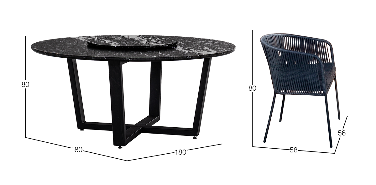 Comedor Redondo de Granito 180 cm Lungo y 6 Sillas Lugano Negro