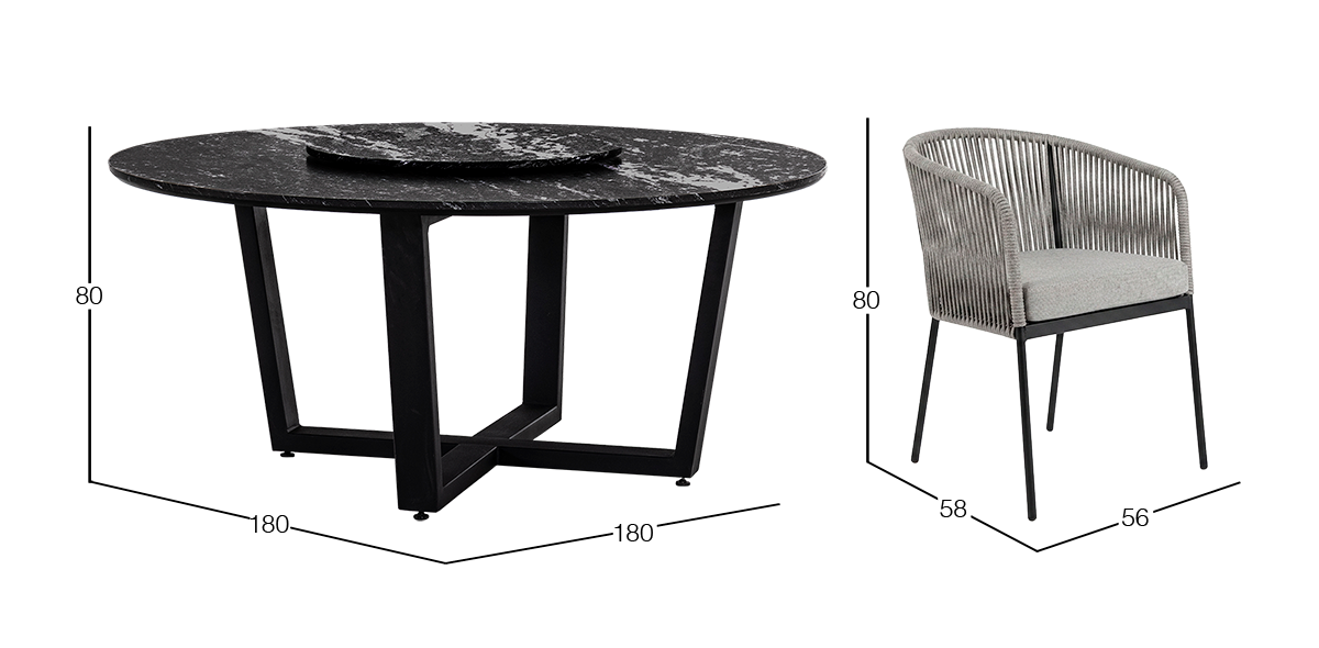 Comedor Redondo de Granito 180 cm Lungo y 6 Sillas Lugano Gris