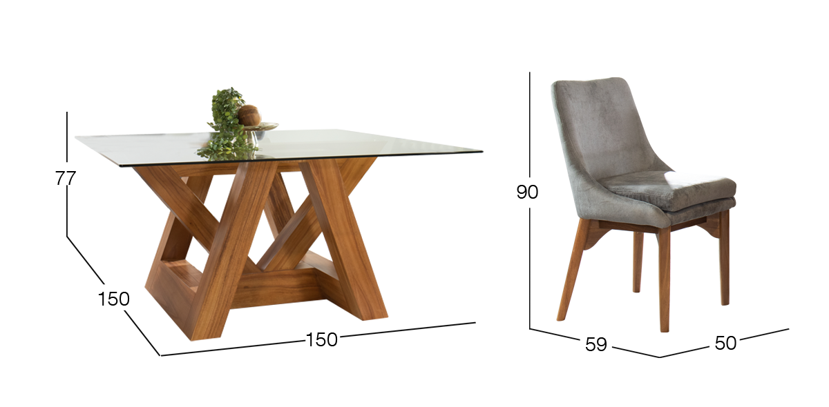 Comedor de Cristal 150 x 150 cm Parota Matera y  8 Sillas