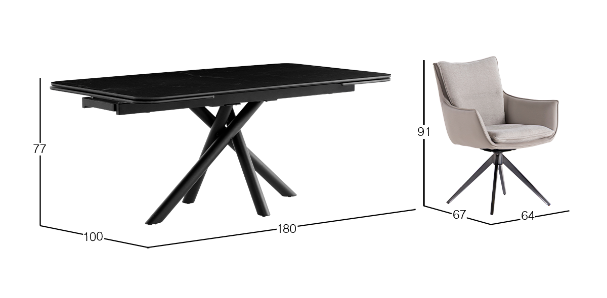 Comedor de Cerámica 180 x 100 cm Adria Negro con 4 Sillas Asha