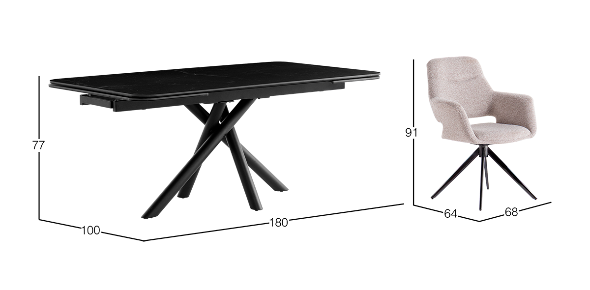 Comedor de Cerámica 180 x 100 cm Adria Negro con 6 Sillas Isha Beige