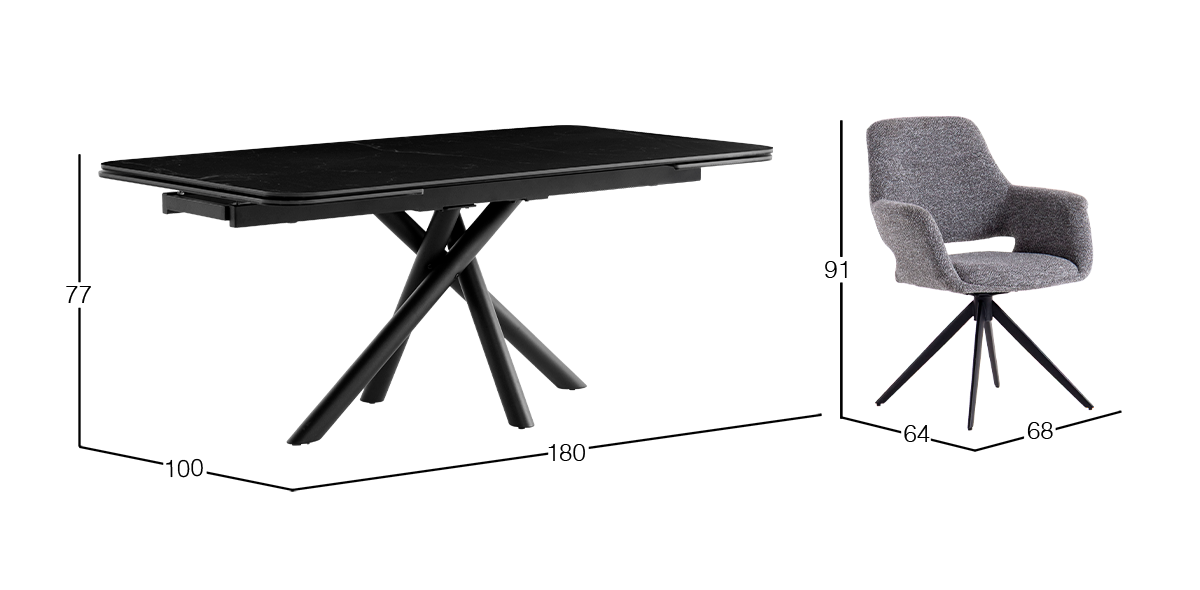 Comedor de Cerámica 180 x 100 cm Adria Negro con 6 Sillas Isha Gris