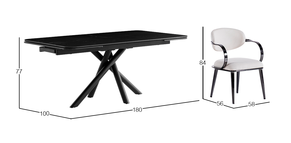 Comedor de Cerámica 180 x 100 cm Adria Negro con 8 Sillas Lacey Blanca