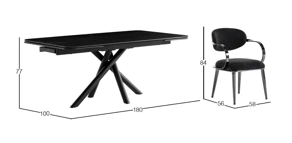 Comedor de Cerámica 180 x 100 cm Adria Negro con 6 Sillas Lacey Gris