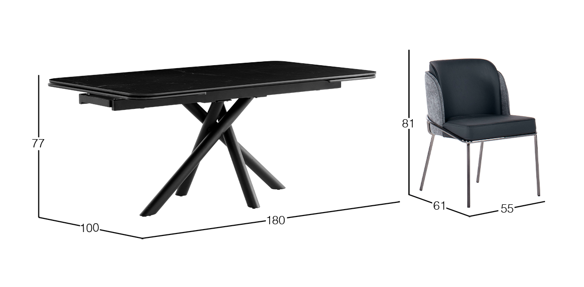 Comedor de Cerámica 180 x 100 cm Adria Negro con 6 Sillas Elan