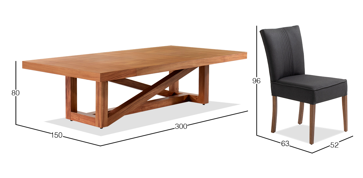 Comedor 300 x 150 cm Ravello y 8 Sillas Altare Gris