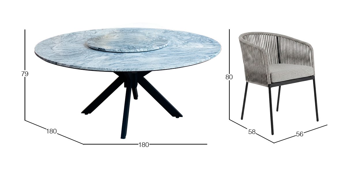 Comedor Redondo de Granito 180 cm Ristretto y 6 Sillas Lugano Gris