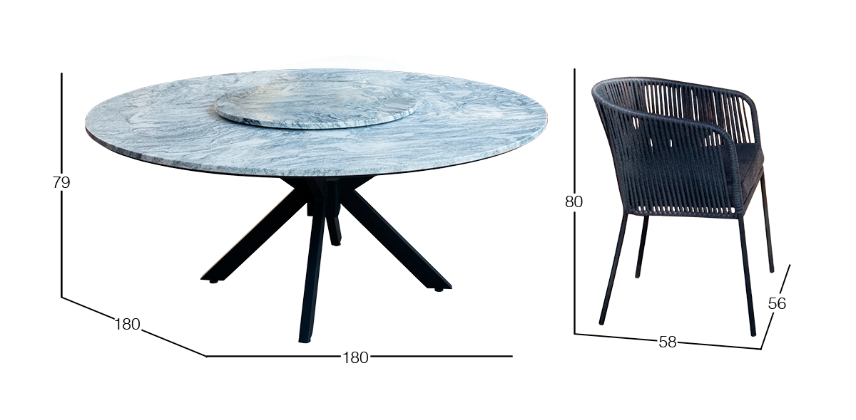 Comedor Redondo de Granito 180 cm Ristretto y 6 Sillas Lugano Negro